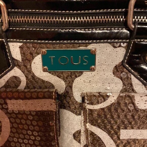 Tous Sequinned Purse Tote Brown Tan Turquoise Large Women’s Bag Pockets - Picture 2 of 9